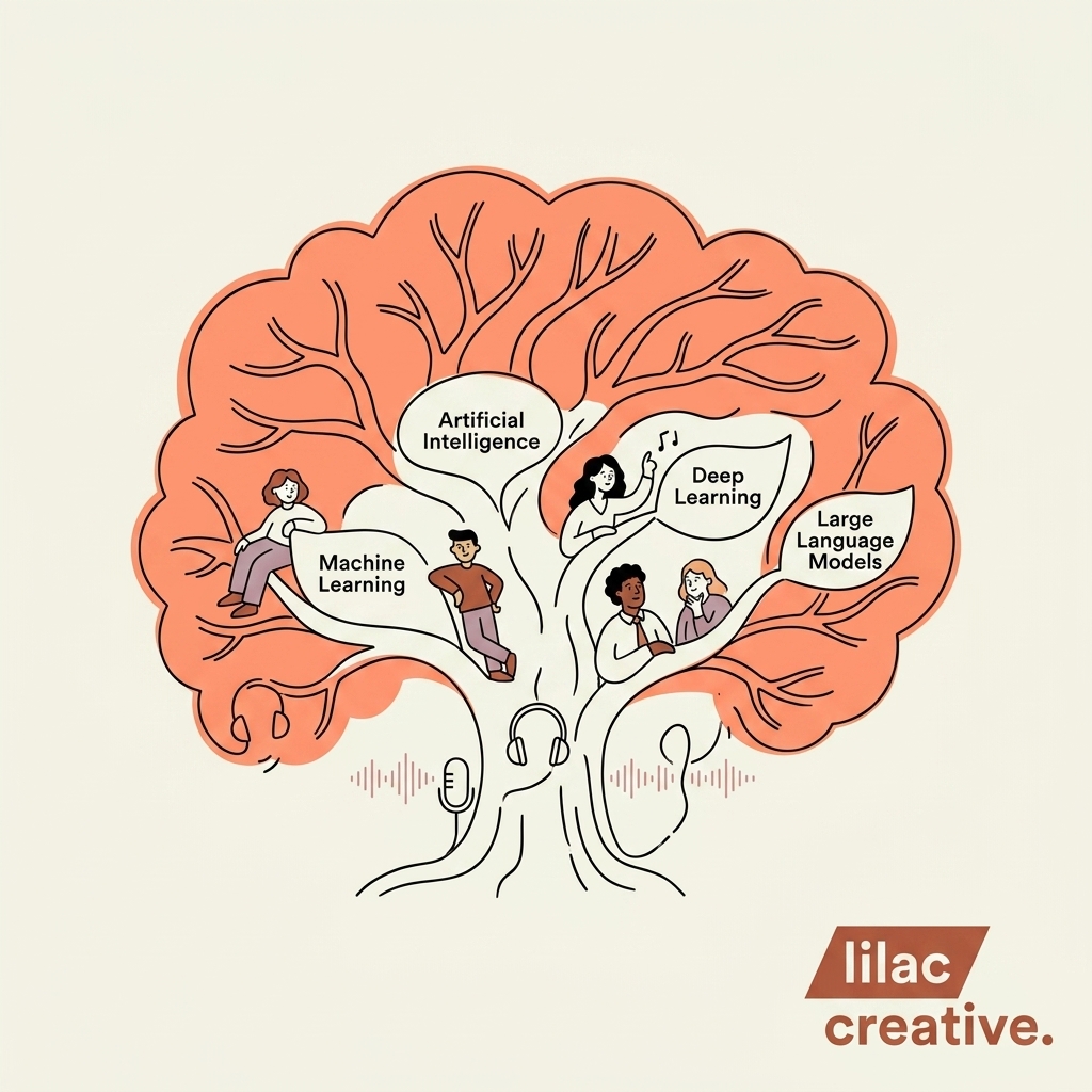 Illustrated brain tree showing AI, machine learning, deep learning, and large language models