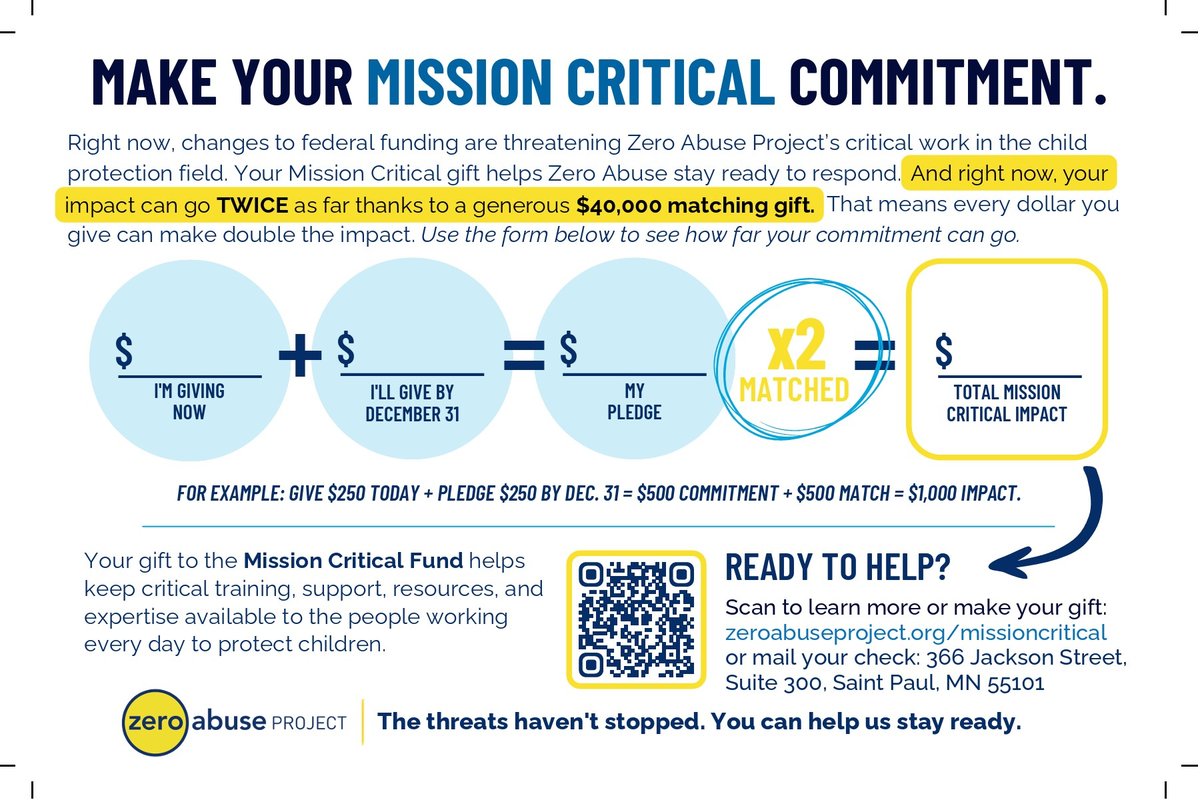Direct mail postcard, back: a fill-in give + pledge + match form with QR code.