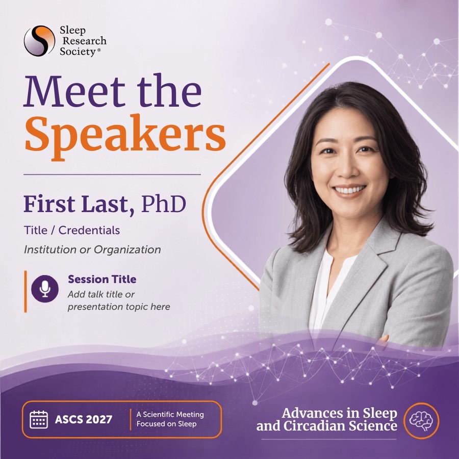 Editable Meet the Speakers template; the sample speaker name and photo are placeholders.