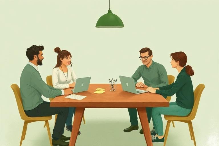 A small team in a thoughtful conversation around a wooden table