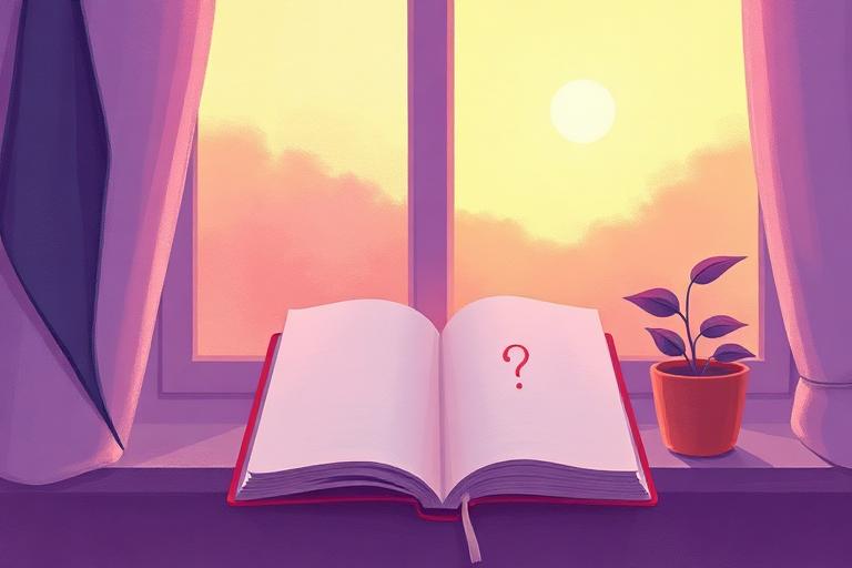 Open notebook with a handwritten question mark on a windowsill at sunset