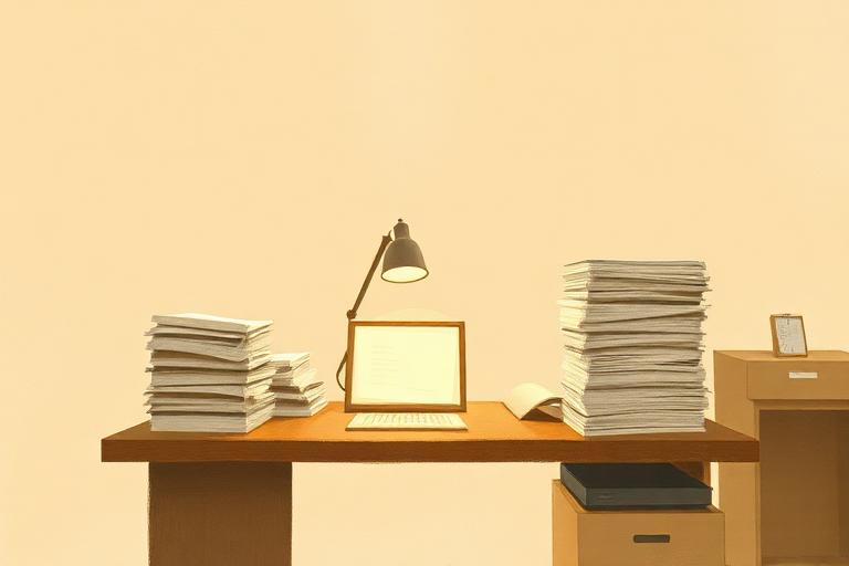 Quiet desk at dusk with stacks of paper and a single lamp