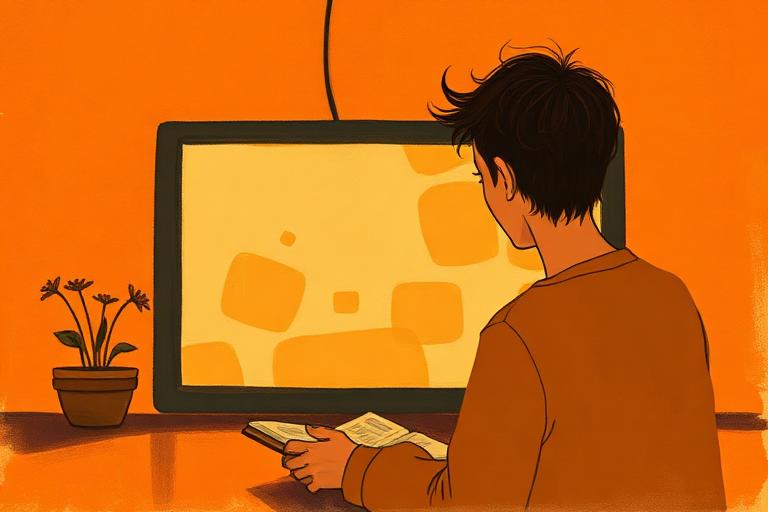 A person pausing thoughtfully in front of a glowing screen